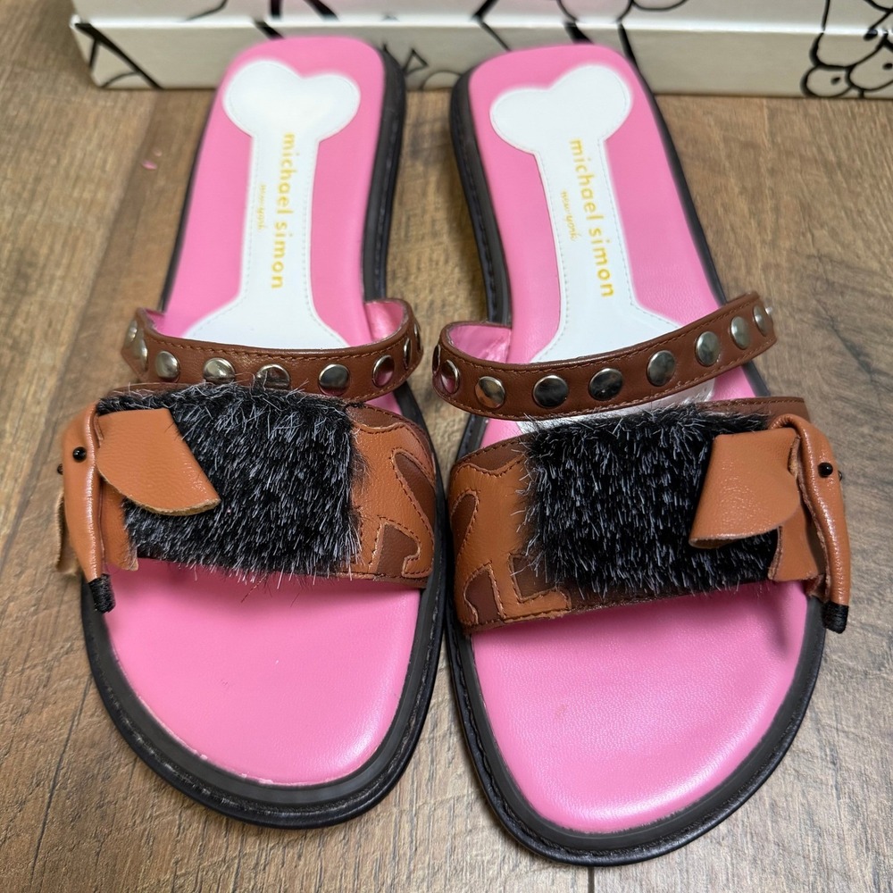 Michael Simon Poochie Dachshund Slide Sandals Womens 7.5 Brown Pink Leather